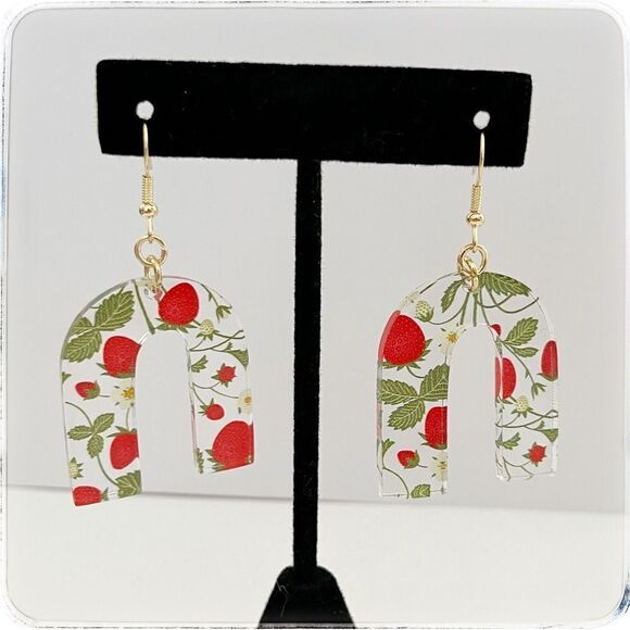 Handmade Strawberry plant acrylic earrings - Picture 1 of 2